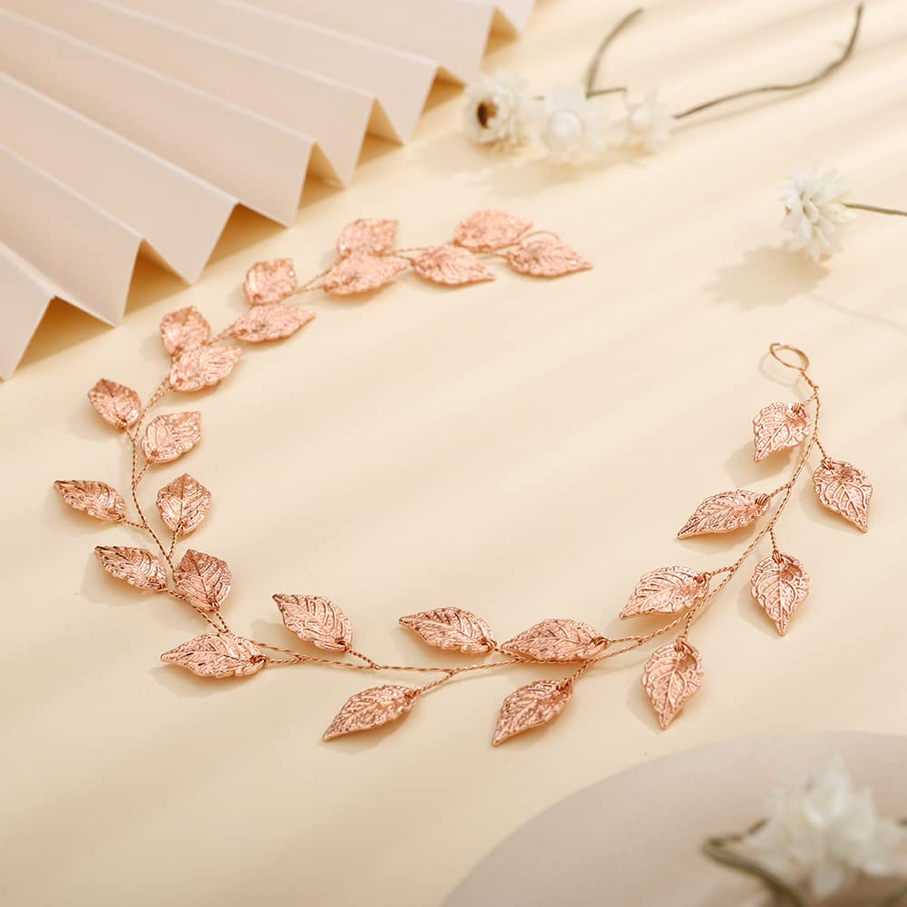 Teyglen Wedding Bridal Leaf Hair Vine Boho Headpiece Rose Gold Leaves Headband Wedding Hair Pieces Hair Accessories for Women Bride Grils (Rose Gold)