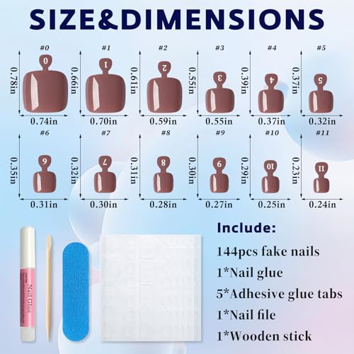 144pc Brown Square Press On Toenails Kit with Glue