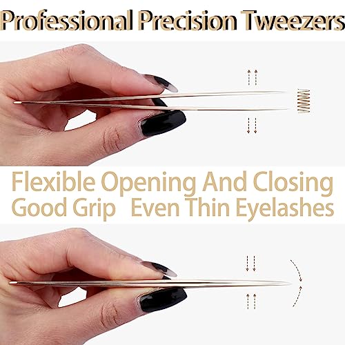 SEEDEW Tweezers Eyelash Extension 5 Pieces Stainless Steel Straight and Curved Professional Set Supplies with a Storage Bag for Lash Tech, Lash Artist Beginner Making Volume Classic Fans(Golden, Pink)