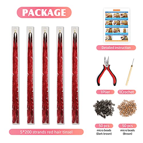 Hair Tinsel Extensions Kit - 1000 Strands, 47", Red Glitter