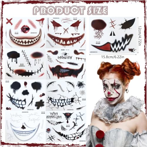 9 Sheets Halloween Scary Face Tattoos Stickers Fake Scars Stitches Bloody Mouth Prank Zombie Clown Makeup Temporary Tattoo Decals for Women Men Halloween Cosplay Party