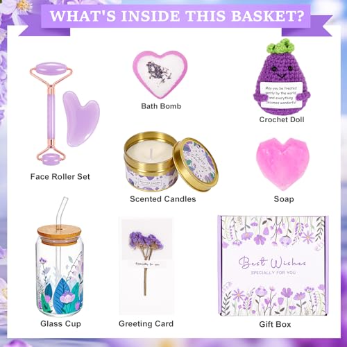 Gifts Basket for Women & Teen Girls Purple Relaxing Bath Gifts Basket Set Birthday Gifts Ideas for Women Relaxing Spa Gifts Self Care Gifts Box for Female Friends Gift