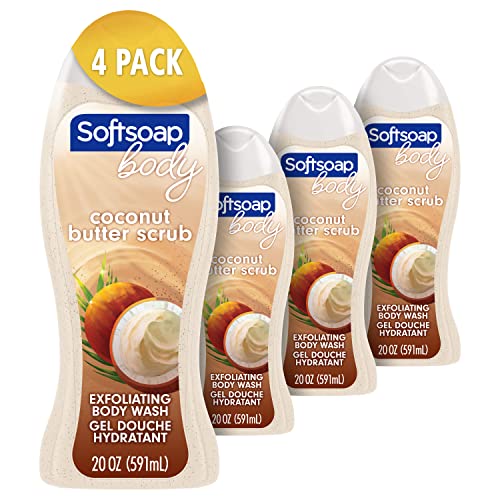 Softsoap Body Wash, Pomegranate & Mango Spritz Body Wash, 20 Fl Oz & Body Wash, Coconut Butter Scrub, Exfoliating Body Wash, 20 Ounce, 4 Pack