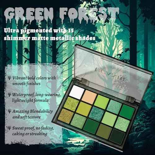 UCANBE Green Halloween Makeup Kit ? Zombie Witch Beetle Juice Monster Makeup Set for SFX Costume Cosplay with Eyeshadow Palette, White Foundation, Black Lipstick,Eyeliner, Setting Powder & Sponges