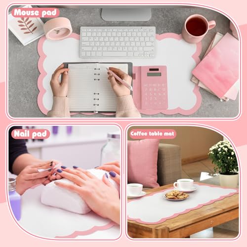 Makeup Mat for Vanity Scalloped Makeup Mat Dual-sided Dressing Table Pad Waterproof Mouse Pads for Dressing Desk Desktop Table(Pink Edge)