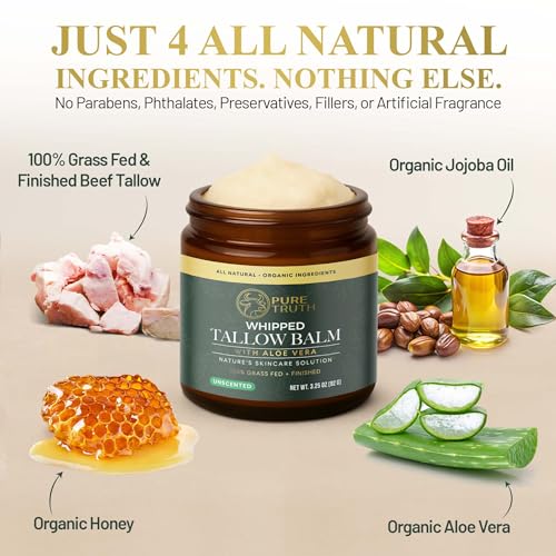 Whipped Tallow and Honey Balm (Unscented), Beef Tallow for Skin Care, Grass Fed + Finished Tallow Moisturizer Cream for Face & Body w/Organic Honey, Aloe Vera, Jojoba Oil, Men Women 3.25oz