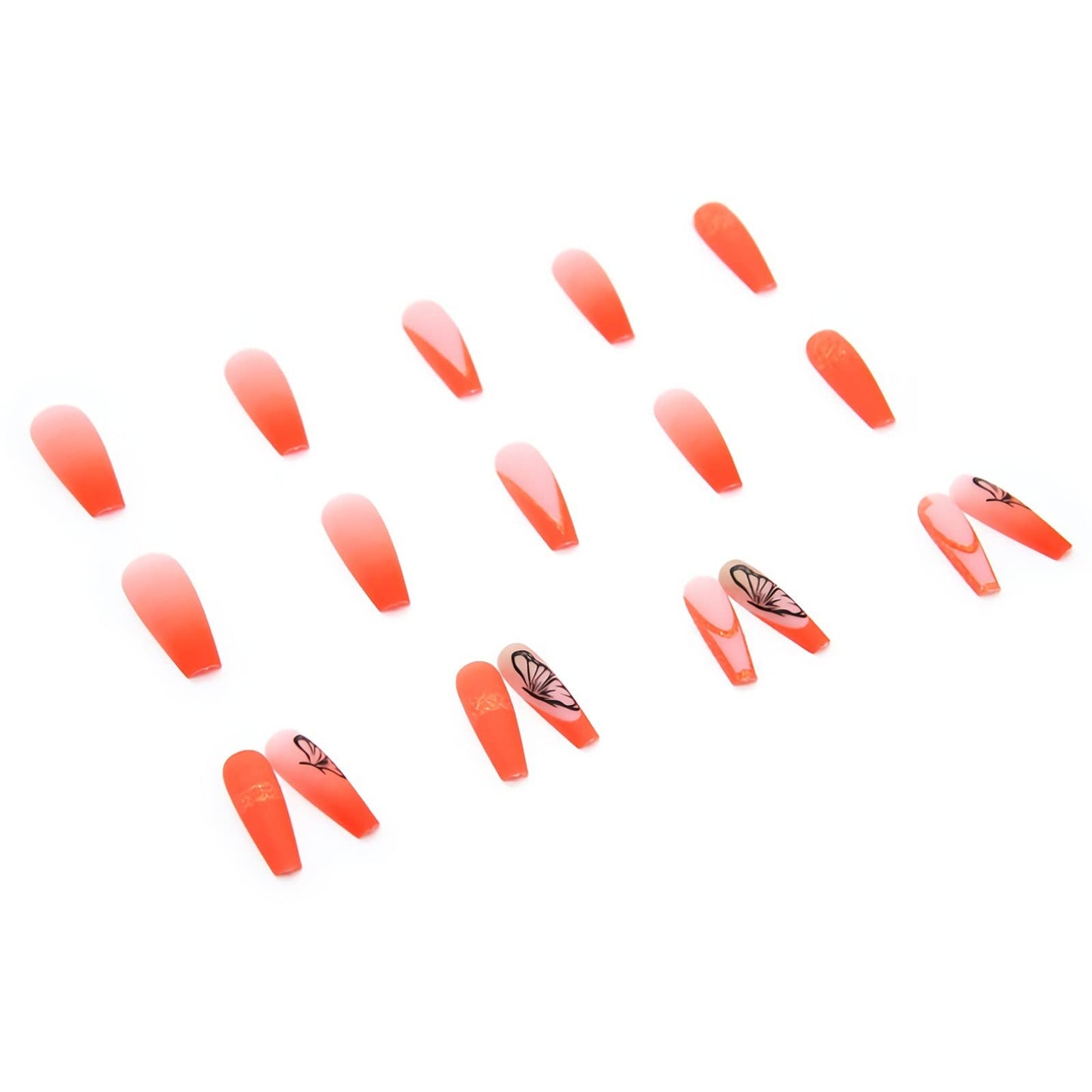 BABALAL Coffin Press on Nails Long Fake Nails Orange Matte Glue on Nails Butterfly Ballerina Acrylic Nails 24Pcs with Summer Nails Designs Full Cover Nails