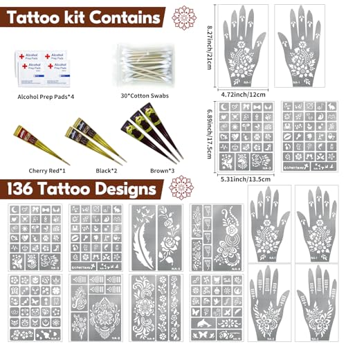 Henna Tattoo Stencil Kit with 136 Stencils & 6 Inks