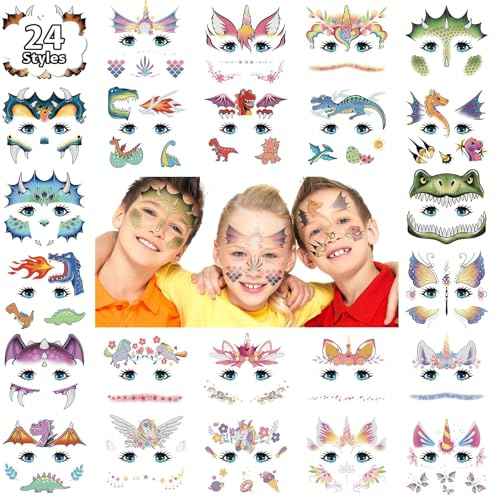 Partywind 24 Styles Face Temporary Tattoos for Kids, Dinosaur Fake Tattoo Stickers for Boys Girls Party Supplies Favors, Face Tattoos for Birthday Games, Kids Goodie Bag Stuffers