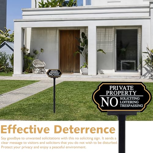 No Soliciting Sign for House with Stake - 50-mil Thick Aluminum - 5x10 Inch/37 Inch High - Adjustable Height - Outdoor Yard Sign for Home and Front Door (A1511)