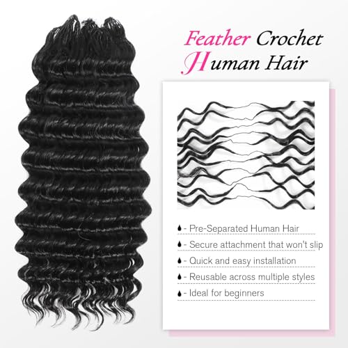 12" Feather Crochet Human Hair Deep Wave Boho Braids