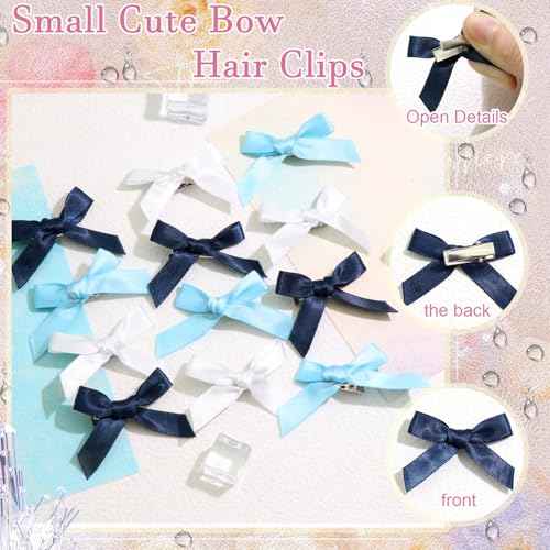 30PCS Navy Blue Mini Hair Bows Small Blue Bows for Hair Silky Satin Bows for Women Cute Hair Ribbon Bowknot Barrettes Sweet Alligator Hair Bow Clips Accessories for Teens and Girls