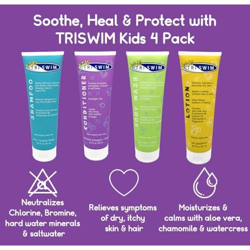 TRISWIM Kids After Swim Value Pack of 4 Travel Mesh Bag + Swim Care Chlorine Removal Body Wash + Swimming Lotion + Swim Shampoo and Conditioner 8.5 fl oz Keep your Little Swimmers Clean and Healthy