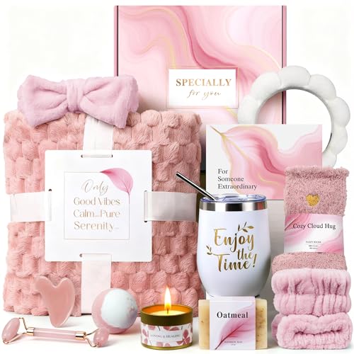 Spa Gift Baskets for Women - Self Care Gifts Kit for Women - Get Well Soon Cozy Relaxation Home Self Care Kits Set Valentine's Day Gifts for Woman Mom Best Friends Sister Wife, Pink