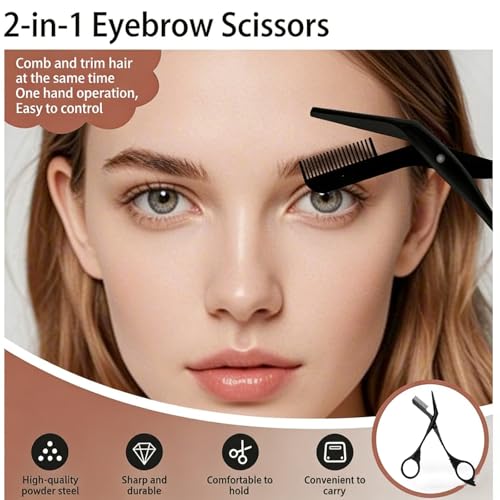 Black Stainless Steel Eyebrow Trimmer Scissors with Comb - Women & Men Grooming Kit