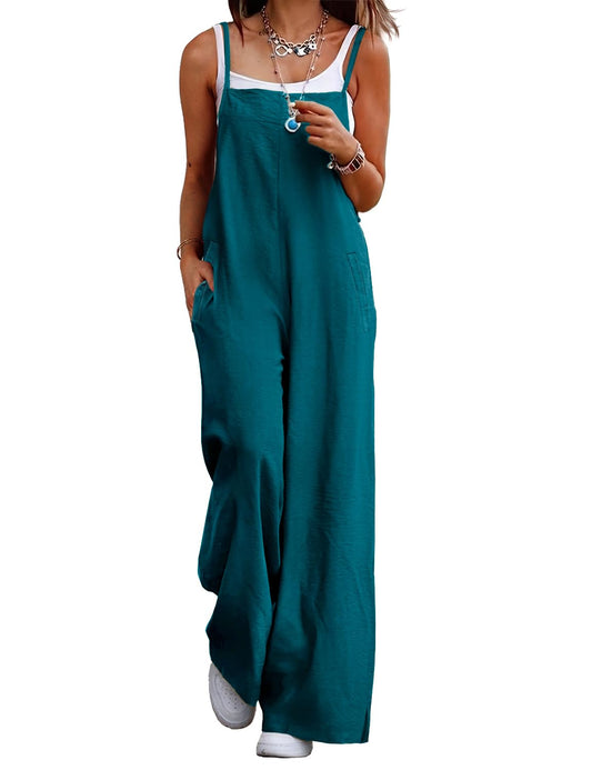 YESNO Women's Summer Boho Casual Jumpsuits Wide Leg Overalls Baggy Rompers with Pocket XS PZZCR Solid Dark Cyan