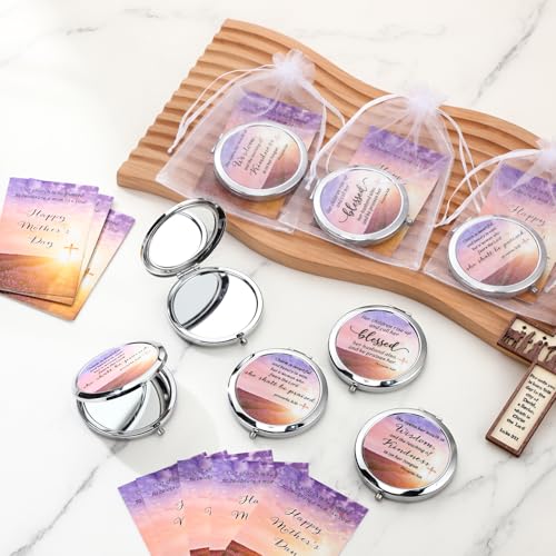 24 Sets Mother's Day Church Gifts Bulk Christian Compact Makeup Mirror Bible Verse Round Pocket Mirror with Gift Cards Organza Bags for Women
