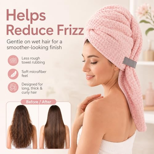 Large Microfiber Hair Towel Wrap, Quick-Dry Turban for Long Thick Hair