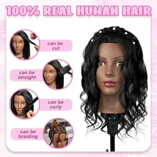 18'' Firstwon Mannequin Head Human Hair with 100% Real Hair Cosmetology Manikin Doll Head for Hair Styling Mannequin Head for Braiding with Table Clamp Stand and Tools(18Inch-Tripod)