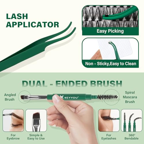 KEYYOU Lash Extension Kit DIY 300Pcs Lash Clusters Kit 40D 0.07 D Curl 9-18MIX Eyelash Extension Kit Individual Lashes Kit with Lash Bond and Seal, Lash Tweezers and Remover for Self Use