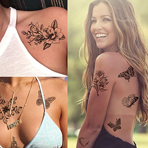 Black Flower Butterfly Temporary Tattoos for Women - 6 Sheets