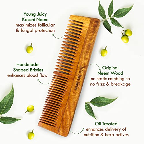 Nat Habit - Back To Natural Neem Comb, Wooden Comb, Hair Growth, For Men & Women, Treated With Neem Oil, Dual & Wide Teeth, 18-20Cm Length Brown