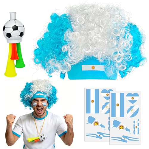 Argentina Soccer Fan Gear Set – Clown Wig, Tattoos & Horn