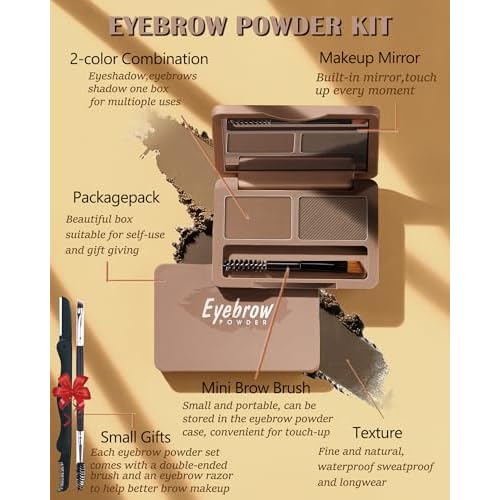 Eyebrow Powder Kit-2 Colors Soft Eye Brow Tinted Powder Palette, Waterproof & Long Lasting Dark/Light Brown Brow Filler, Professional Eyebrow Contour Makeup for Women with Mirror Brow Brush & Razor-1#