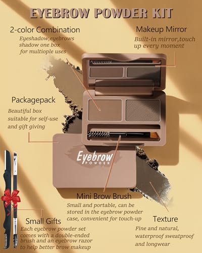 Eyebrow Powder Kit - 2 Colors Waterproof Long Lasting with Mirror & Brush
