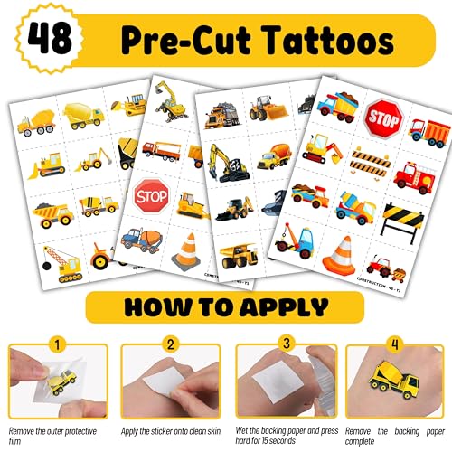 72PCS Construction Party Favors Set - Tattoos & Slap Bracelets
