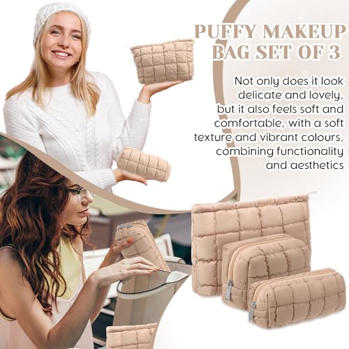 Huhumy 3-Piece Quilted Makeup Bag Set with Zipper