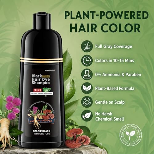 HIS&HERCHOICE Black Hair Dye Shampoo 3-in-1 Gray Coverage, Natural Black
