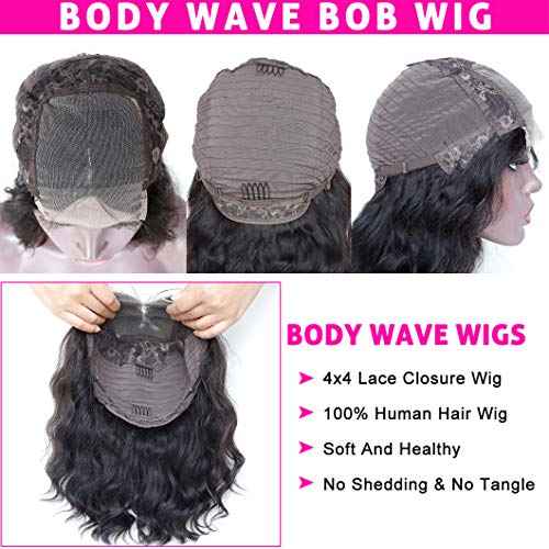 Bob Wig Human Hair Body Wave Lace Front Wigs Human Hair 4x4 HD Lace Closure Wig 12 inch 180% Density Pre Plucked Short Bob Wigs for Women Wet and Wavy (12 inch, Natural Black)