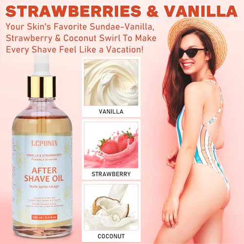 LEPONIX After Shave Oil for Women - 2025's Strawberry Vanilla Revolution (Not Grandma's Shave Oil) - Post Shave Treatment Prevents Ingrown Hairs & Razor Burn - Razor Bumps Treatment for Women - 100ml