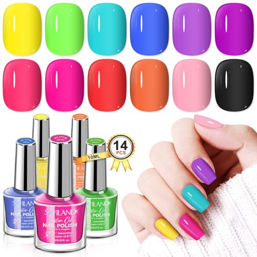 SAVILAND Quick-Dry Neon Nail Polish Set 12+2 Colors – Non-Gel Base & Top Coat