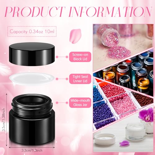 Norme 140 Pack 10ml Glass Cosmetic Jars with Lids, Refillable Sample Containers for Lip Balm, Cream, Lotion, Travel Size, Inner Liner, Wide Mouth(Black)