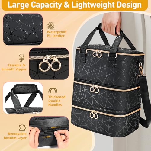 Large Nail Polish Organizer Bag Holds 84 Bottles Nail Polish and a Nail Lamp, PU Leather Nail Kit Storage Carrying Case, Removable Portable Travel Nail Art Tool Storage