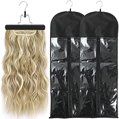 2Pcs Hair Extension Storage Bag with Wooden Hanger, 31.5 Inch