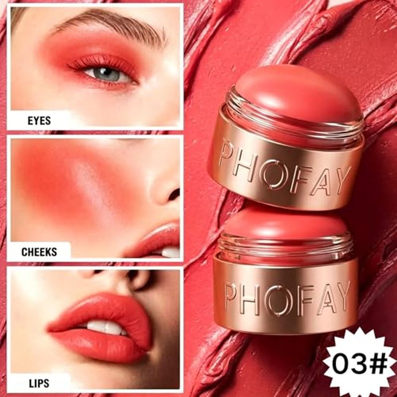 PHOFAY 3-in-1 Mousse Blush Cream Stick for Cheeks, Eyes & Lips