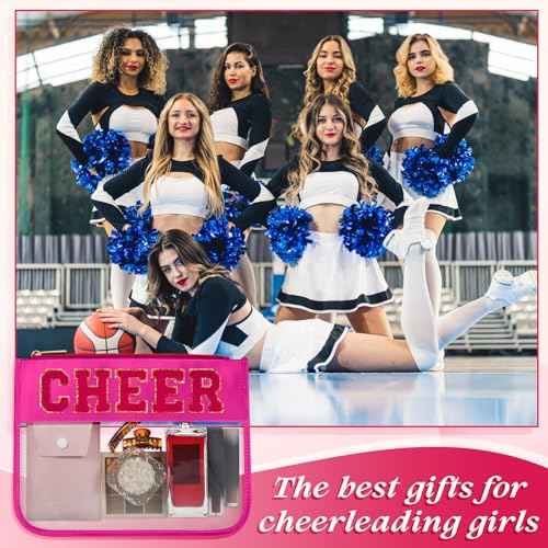 Aliceset 12 Pcs Cheer Chenille Letter Bags, Clear Makeup Cosmetic Bag for Cheerleader Gifts, Preppy Patch Zipper Pouch, Waterproof PVC Travel Toiletry Organizer Women Girls (Black, White, Hot Pink)