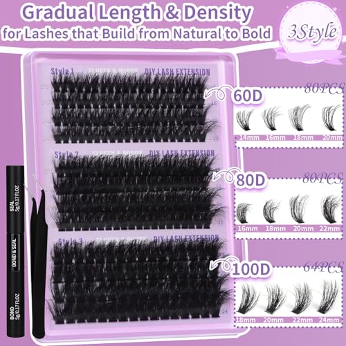 Lash Extension Kit 14-24mm Lash Clusters Kit 60D+80D+100D Thick Volume Eyelash Extension Kit D Curly DIY Individual Lashes 3 Style Lashes with Waterproof Lash Bond and Seal and Tweezers