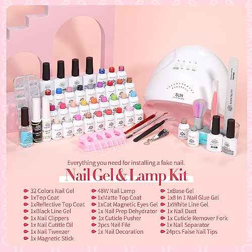BORN PRETTY 77PCS Gel Nail Polish Starter Kit With U V/LED kit for Beginners 48W 32Colors Nude Pink Cat Magnetic Eyes Glitter Set Reflective Base Top Coat Liner Art Manicure Ideal Gifts