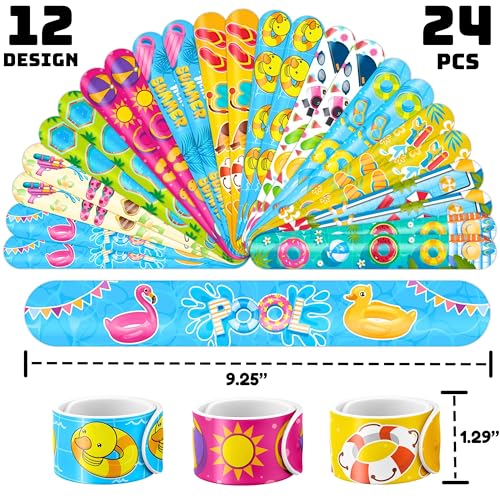 48PCS Pool Party Set - 24PCS Temporary Tattoos & 24PCS Slap Bracelets ? Fun Summer Birthday Supplies, Baby Shower Gifts, Classroom Rewards & Pool-Themed Decor for Kids (Boys & Girls)