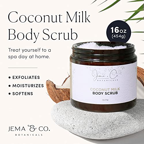 Jema & Co. - Exfoliating Body Scrub, Body Exfoliator with Shea Butter, Coconut & Sweet Almond Oil, Moisturizing Dead Sea Salt Scrub (Coconut Milk, Large, 16 Ounce)