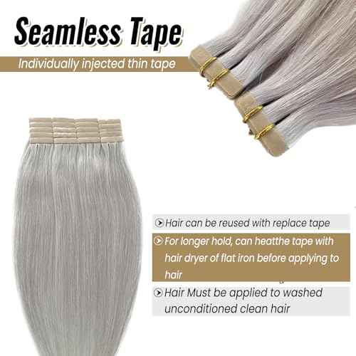 Silver Grey Tape in Hair Extensions Real Human Hair 24 Inch Invisible Seamless PU Tape in Hair Extensions Double Sided Silky Straight Human Hair 50/20pcs