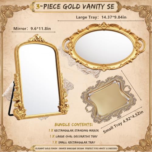 Vintage Gold Mirror & Jewelry Tray Set - 3 Piece
