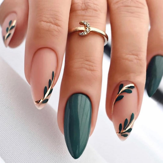 fuldgaenr Almond Fake Nails Press on Nails Medium Acrylic Green Full Cover Artificial Nail Almond Glue On Nails for Women