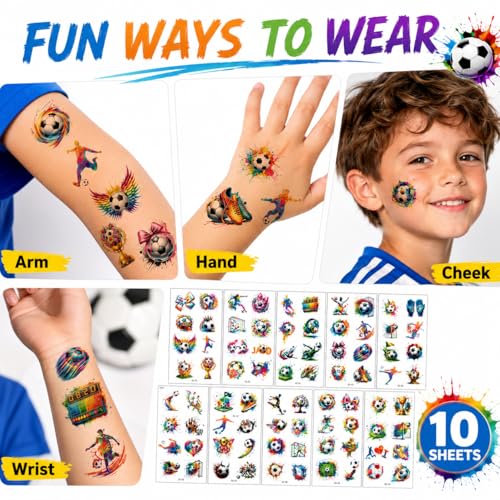 Soccer Temporary Tattoos 10 Sheets 100+ Designs