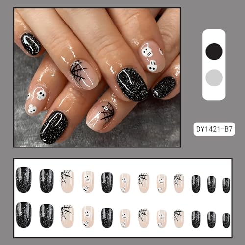 Black Press on Nails Short Almond Fake Nails, Halloween Press on Nails Skull with Designs Halloween Glue on Nails Full Cover False Nails Halloween Nails for Women 24Pcs