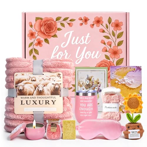 Gifts for Women, Cozy Self Care Gift Set for Her with Blanket, 12oz Insulated Mug & Socks, Thoughtful Birthday Gift for Mom, Wife, Girlfriend or Best Friend